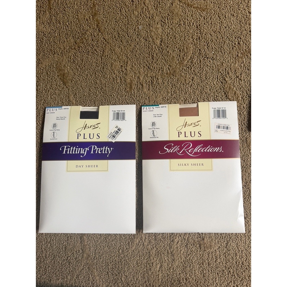 2 Hanes Plus Pantyhose Bundle Silk Reflections Nude 2+ & Fitting Pretty Black 3+